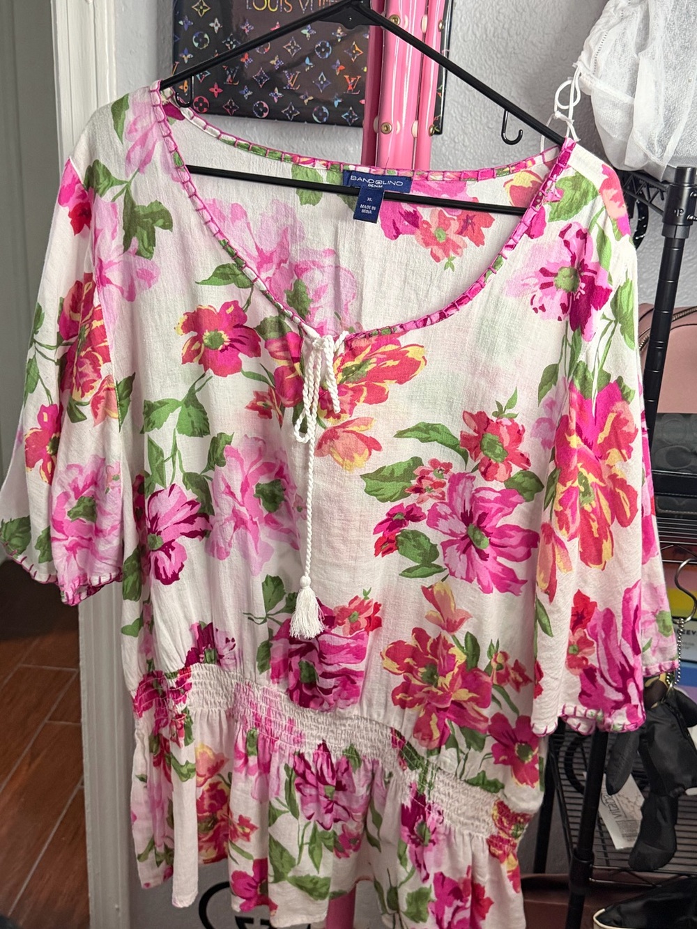 Bandolino White Floral Peasant Top with Pink & Green Print